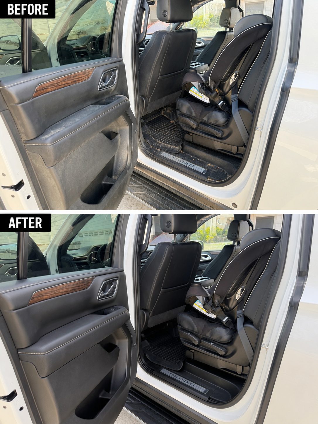 Before and after door panel and floor detail on a Chevy Tahoe family SUV in Cheyenne WY