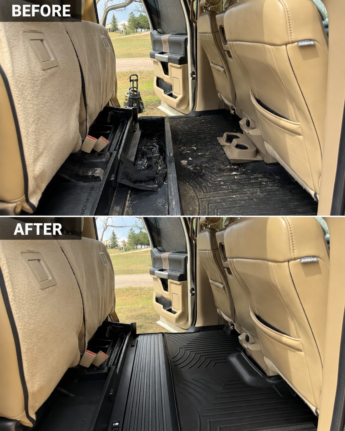 Before and after rear floor deep clean on a Ford Super Duty in Cheyenne WY