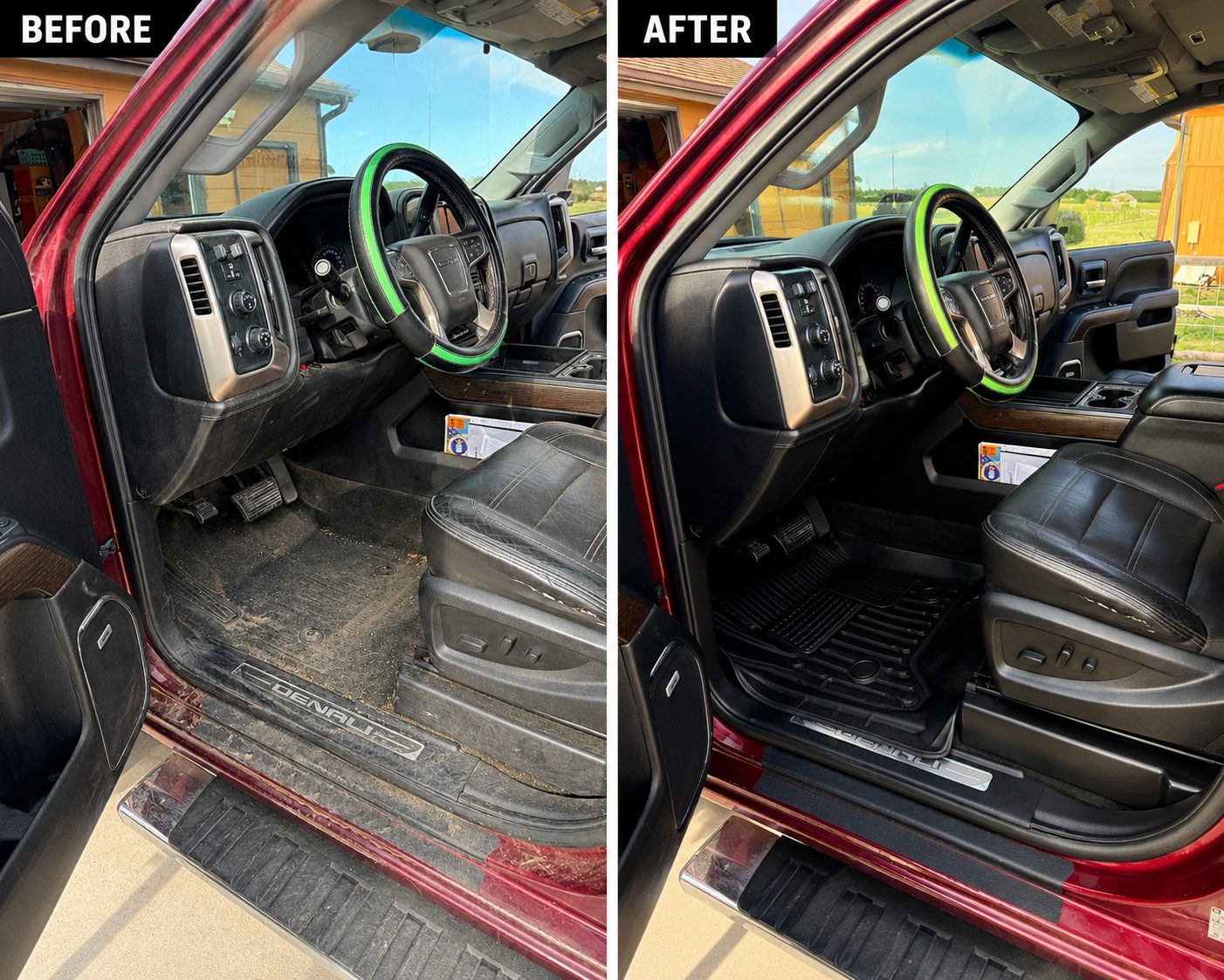 Before and after interior detailing on a GMC Sierra Denali in Cheyenne WY