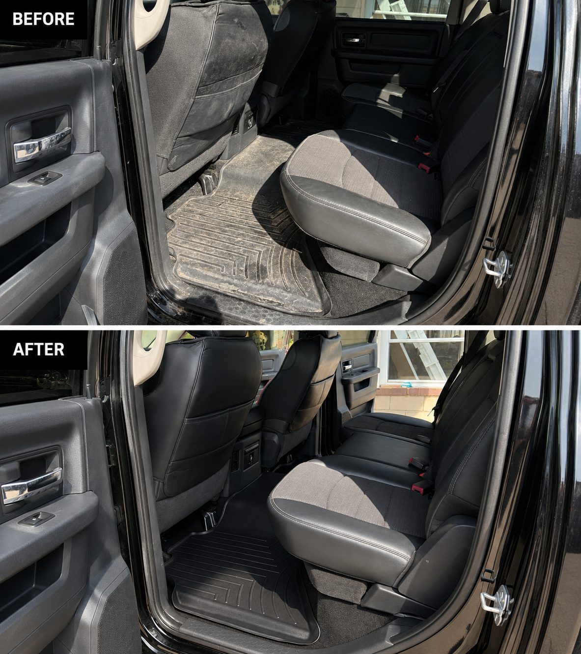 Before and after rear seat and floor detail on a RAM truck in Cheyenne WY