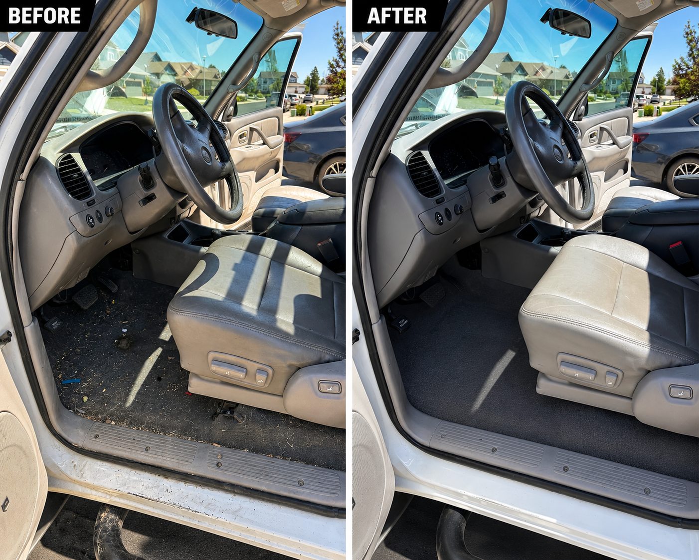 Before and after driver floor and carpet extraction on a Toyota SUV in Cheyenne WY